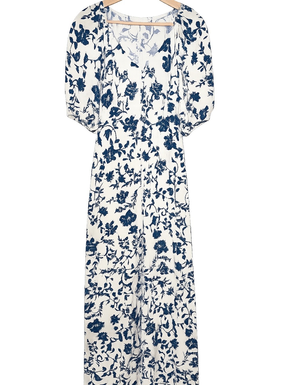 Lucky Blue & Ivory Floral Puff Sleeve Midi Dress Cottagecore Coastal Chic Boho - Picture 2 of 6